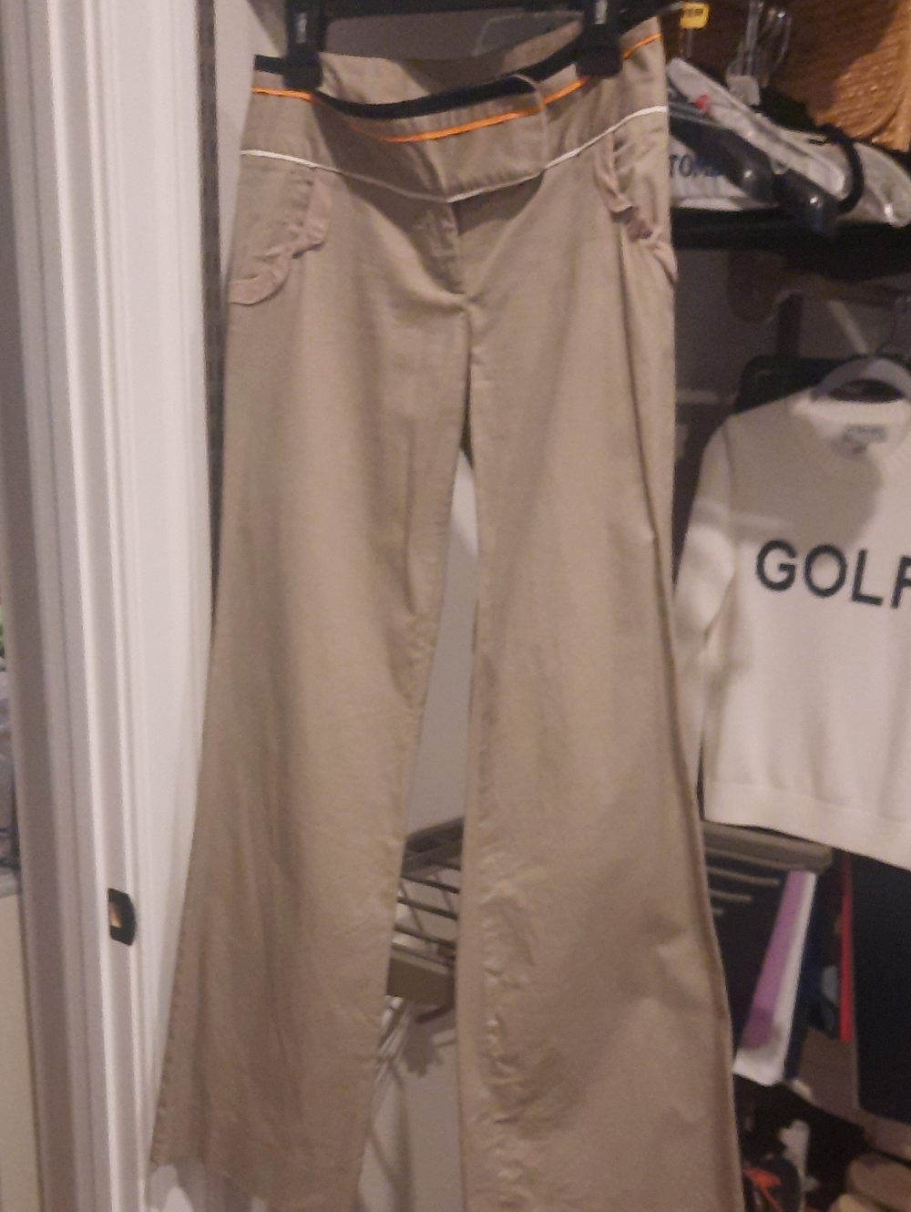 Anthropologie Wide Leg Beige Casual Pants with Orange Navy Trim